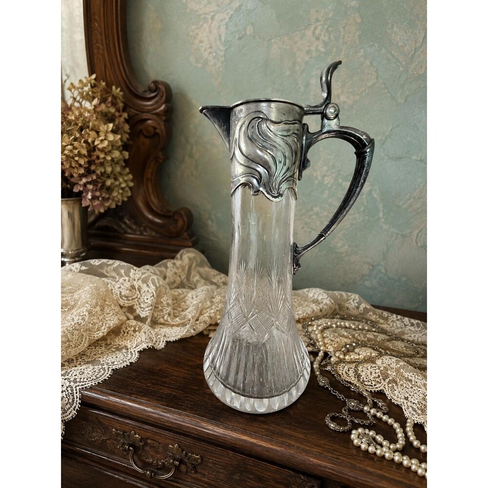 Vintage Cut Glass & Silverplate Claret Jug / Pitcher, Art Nouveau Style